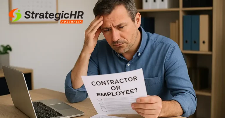 A man sits at a desk with a laptop, holding his head and looking at a paper titled "CONTRACTOR OR EMPLOYEE?"—highlighting concerns about sham contracting. The StrategicHR Australia logo is visible in the top left corner.