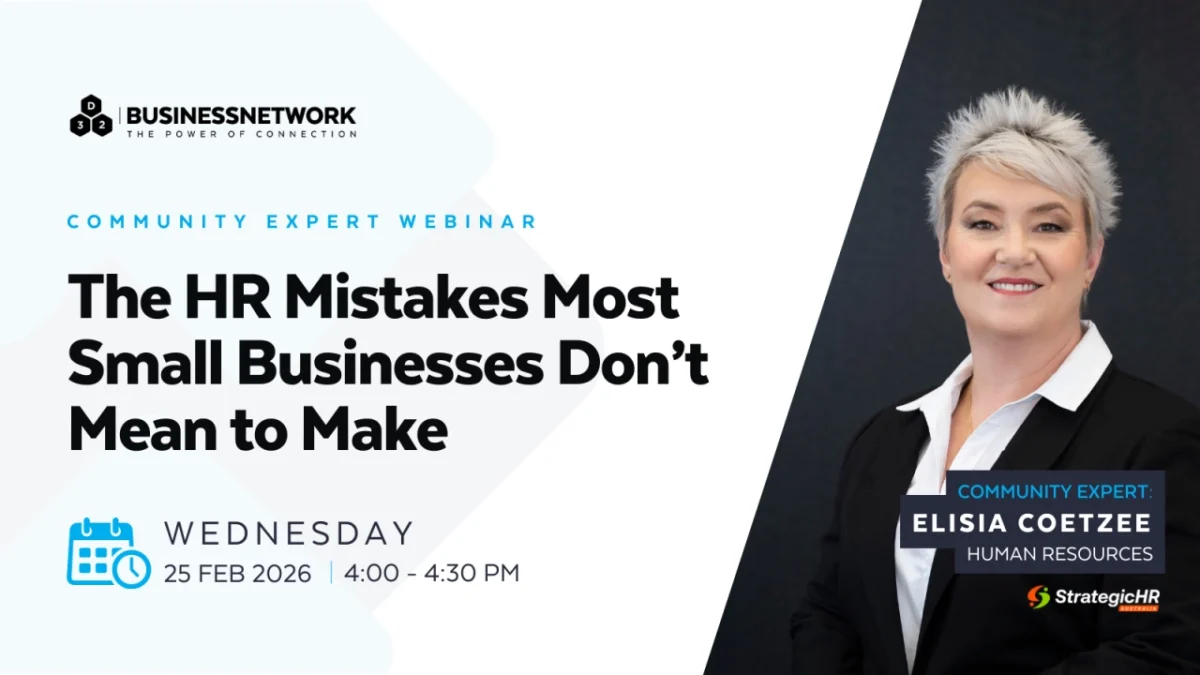 Promotional graphic for a community expert webinar titled "The HR Mistakes Most Small Businesses Don’t Mean to Make," featuring Elisia Coetzee, scheduled for Wednesday, 25 Feb 2026, from 4:00 to 4:30 PM.