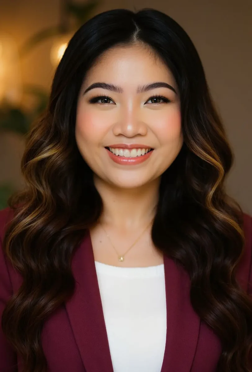 A woman with long, wavy dark hair and subtle highlights is smiling. She is wearing a maroon blazer over a white top, and a delicate necklace. The background is softly lit and out of focus.