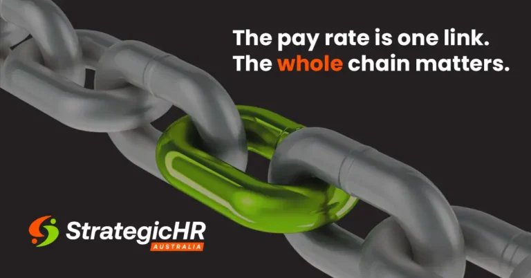 A metallic chain features one green link among gray links. The text says, "The pay rate, like an award wage increase 2026, is one link. The whole chain matters." The Strategic HR Australia logo is in the lower left corner.