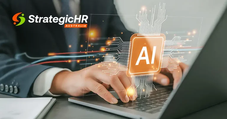 A person types on a laptop with a glowing AI icon and circuit lines superimposed. The StrategicHR Australia logo is in the top left corner of the image.