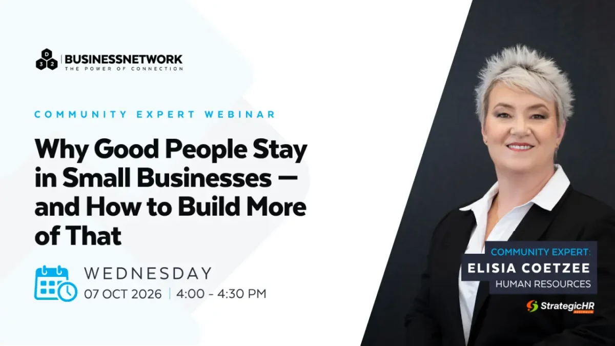 Webinar image with text: “Why Good People Stay in Small Businesses — and How to Build More of That,” speaker Elisia Corvetti, Wednesday, 07 Oct 2026, 4:00–4:30 PM. Elisia is wearing a black jacket and white shirt.
