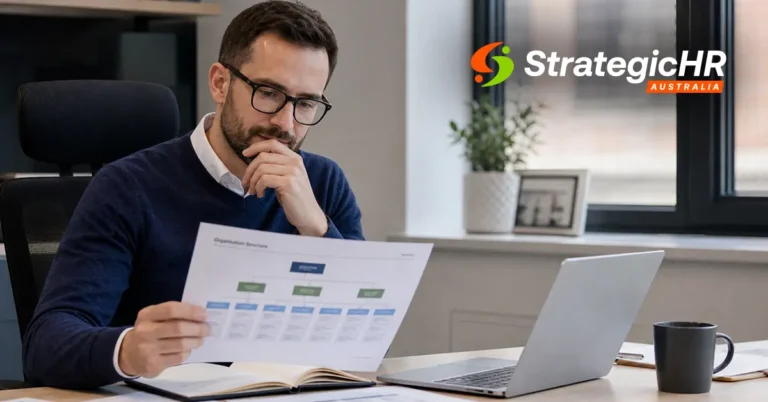 A man sits at a desk, reviewing a document with charts. He wears glasses and a sweater. A laptop is open in front of him. The logo “StrategicHR Australia” is visible on the wall in the background.