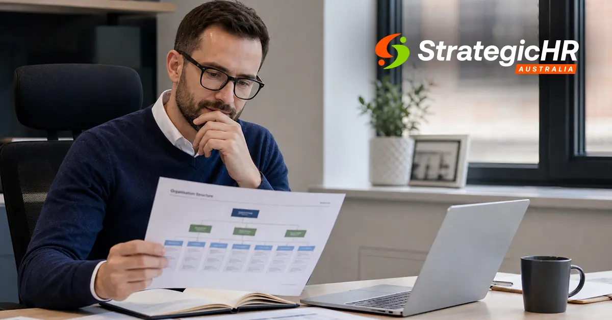 A man sits at a desk, reviewing a document with charts. He wears glasses and a sweater. A laptop is open in front of him. The logo “StrategicHR Australia” is visible on the wall in the background.
