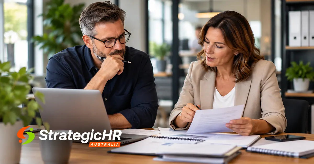 A man and a woman in an office discuss documents on a desk with a laptop, next to the StrategicHR Australia logo.